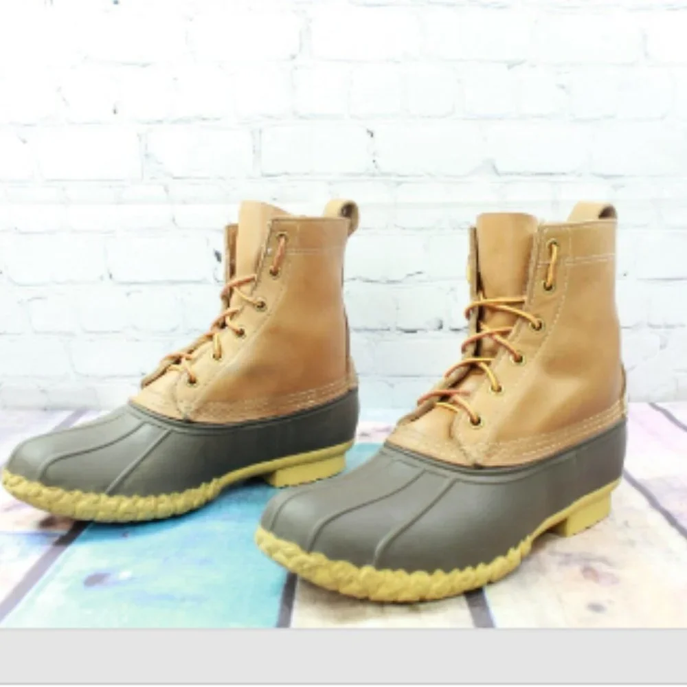 LL Bean Unlined Brown Leather Rubber Lace-up Rain Duck Boots Size M 7 L 9 - Picture 2 of 7